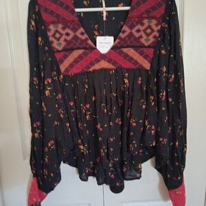 Free People Black Floral Blouse with Red and Pink Details